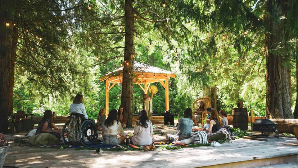 Gather together under the cedar tree canopy. 